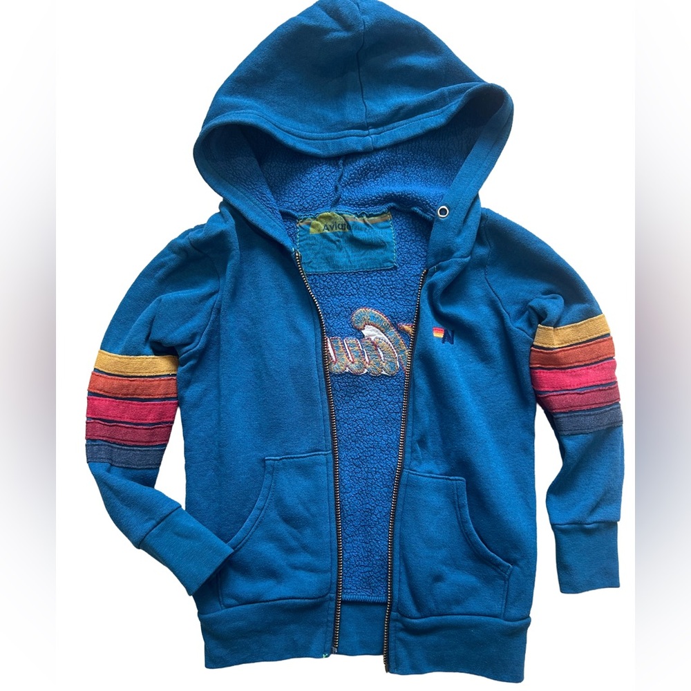 Aviator Nation Blue Hoodie with Multicolor Stripes